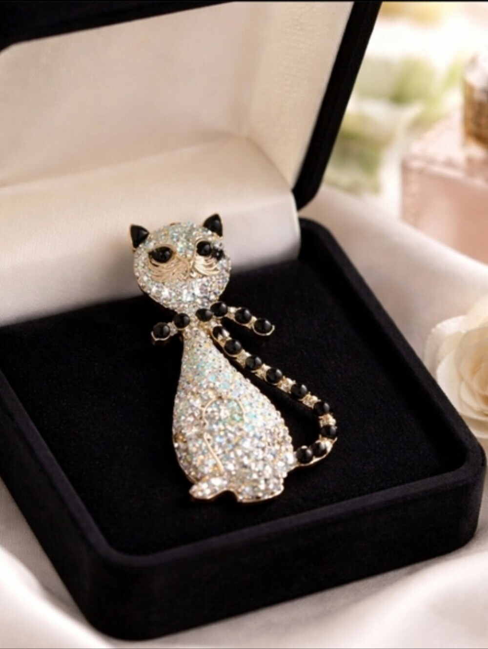 Mint Glittering Cat Brooch - Black and Silver